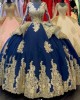 Gold and Royal Blue Quinceanera Dresses With Long Sleeves