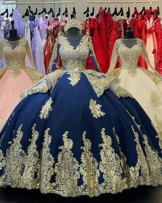 Gold and Royal Blue Quinceanera Dresses With Long Sleeves