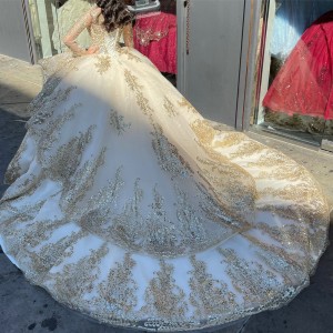 Layered Gold and White Quince Dress Charro Quinceanera Dresses