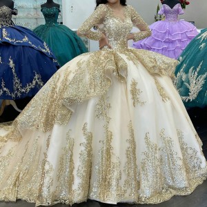 Layered Gold and White Quince Dress Charro Quinceanera Dresses