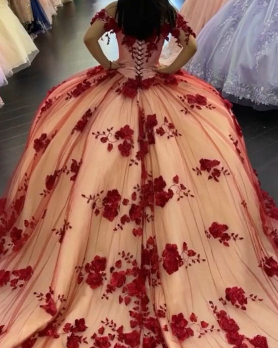 Off The Shoulder 3D Flowers Red On Nude Quinceanera Dress