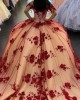 Off The Shoulder 3D Flowers Red On Nude Quinceanera Dress