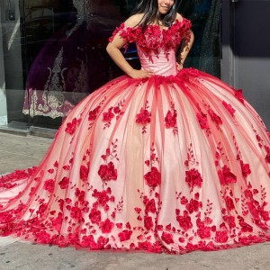 Off The Shoulder 3D Flowers Red On Nude Quinceanera Dress