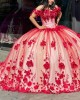 Off The Shoulder 3D Flowers Red On Nude Quinceanera Dress