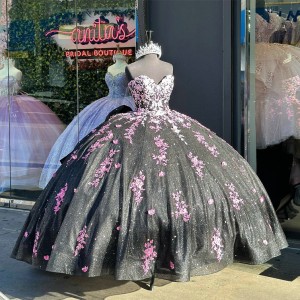 Off The Shoulder Black Quinceanera Dresses With Pink Flowers And Detachable Sleeves