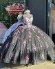 Off The Shoulder Black Quinceanera Dresses With Pink Flowers And Detachable Sleeves