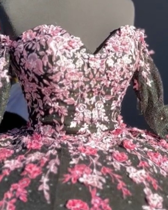 Off The Shoulder Black Quinceanera Dresses With Pink Flowers And Detachable Sleeves