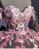 Off The Shoulder Black Quinceanera Dresses With Pink Flowers And Detachable Sleeves