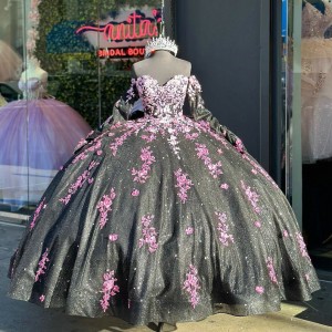 Off The Shoulder Black Quinceanera Dresses With Pink Flowers And Detachable Sleeves