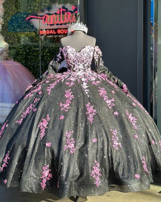 Off The Shoulder Black Quinceanera Dresses With Pink Flowers And Detachable Sleeves