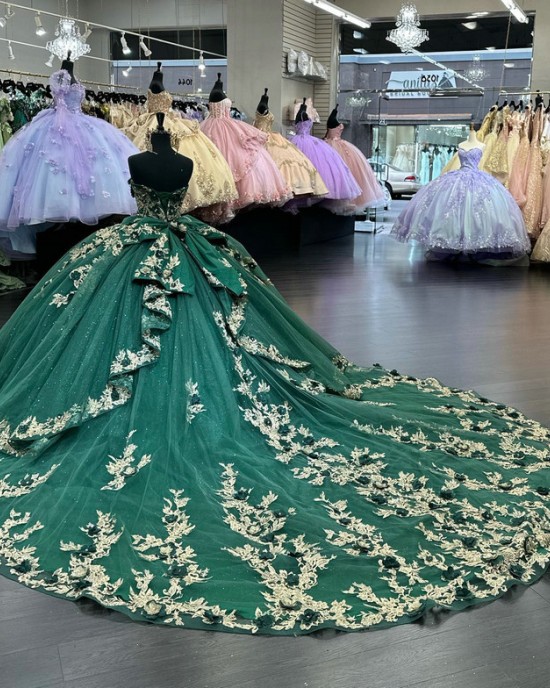 Off The Shoulder Cathedral Train Quinceanera Dresses Green and Gold