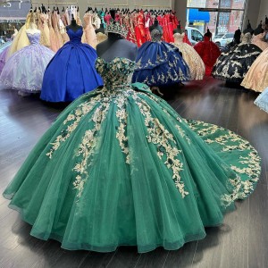 Off The Shoulder Cathedral Train Quinceanera Dresses Green and Gold