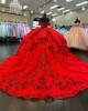 Off The Shoulder Floral Red Glitter Quince Dress 2024