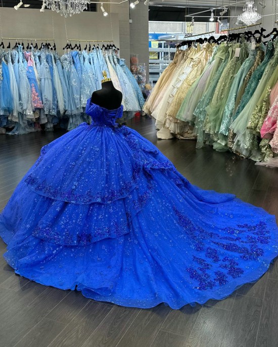 Off The Shoulder Floral Royal Blue Glitter Quince Dress 2024