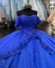 Off The Shoulder Floral Royal Blue Glitter Quince Dress 2024