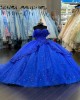 Off The Shoulder Floral Royal Blue Glitter Quince Dress 2024