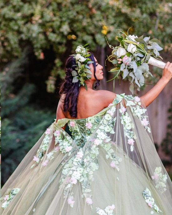 Off The Shoulder Green Quince Dress with Cape And Flowers