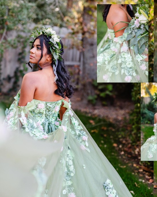 Off The Shoulder Green Quince Dress with Cape And Flowers