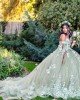 Off The Shoulder Green Quince Dress with Cape And Flowers