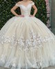 Off The Shoulder Lace Appliqued Classic Quinceanera Dress 15 Dresses Champagne