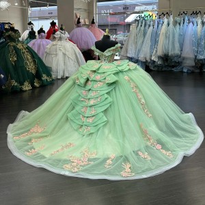 Off The Shoulder Light Green Quinceanera Dresses With Pink Flowers