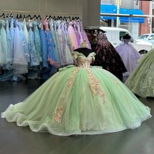 Off The Shoulder Light Green Quinceanera Dresses With Pink Flowers