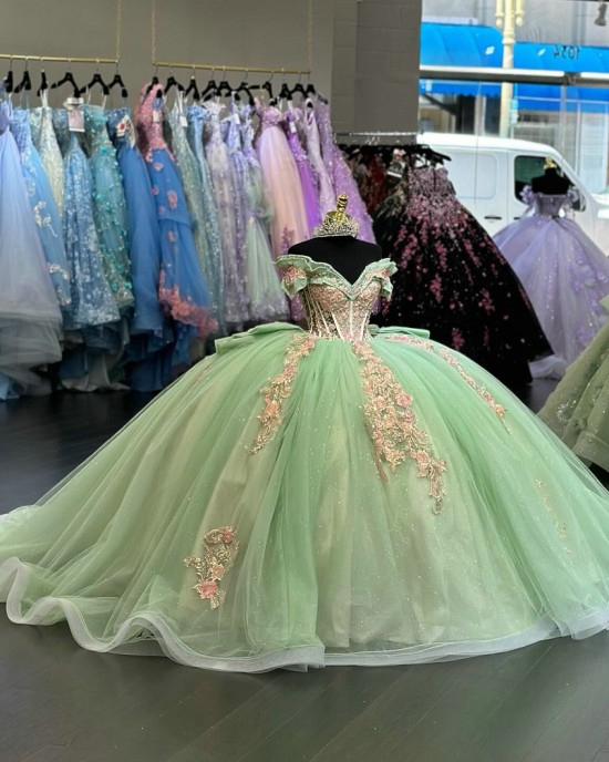 Off The Shoulder Light Green Quinceanera Dresses With Pink Flowers