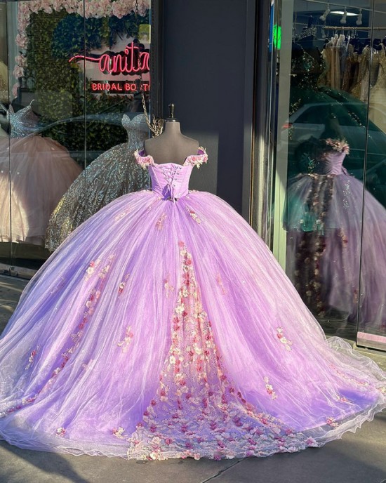 Off The Shoulder Lilac Quinceanera Dresses With Pink Flowers