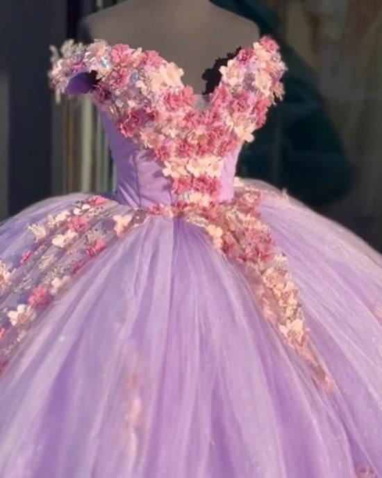 Off The Shoulder Lilac Quinceanera Dresses With Pink Flowers