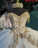 Off The Shoulder Long Tail Gold and White Quinceanera Dress