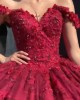 Off The Shoulder Organza Burgundy Quinceanera Dress With 3D Flowers