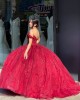 Off The Shoulder Organza Burgundy Quinceanera Dress With 3D Flowers