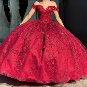 Off The Shoulder Organza Burgundy Quinceanera Dress With 3D Flowers