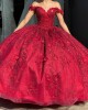 Off The Shoulder Organza Burgundy Quinceanera Dress With 3D Flowers