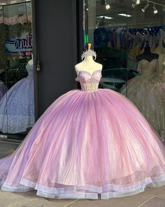 Off The Shoulder Pastel Pink Quince Dress With Illusion Bodice