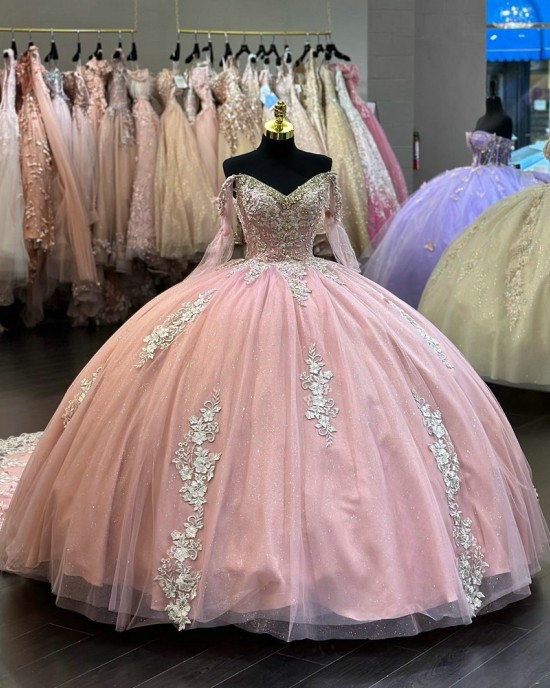 Off The Shoulder Puffy Pink Quinceanera Dresses With Long Sleeves