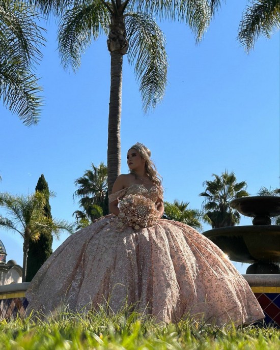 Off The Shoulder SParkly Quince Rose Gold Dresses Custom Made