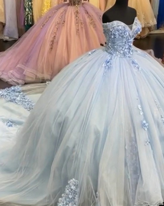 Off The Shoulder Sky Blue Quinceanera Dresses With 3D Flowers