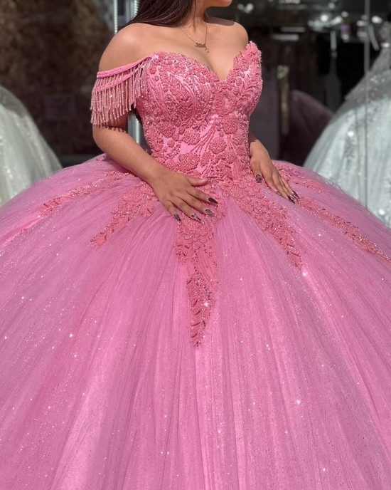 Ruffled Off The Shoulder Cute Pink Quinceanera Dresses With Tassels Sleeves