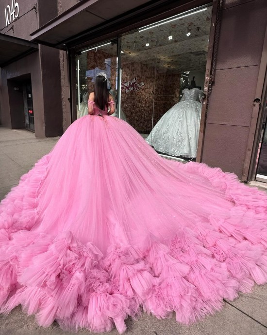 Ruffled Off The Shoulder Cute Pink Quinceanera Dresses With Tassels Sleeves