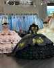 Satin Organza Ruffled Charro Quinceanera Dress Black 15 Dress with Flowers