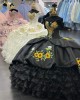 Satin Organza Ruffled Charro Quinceanera Dress Black 15 Dress with Flowers