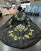 Satin Organza Ruffled Charro Quinceanera Dress Black 15 Dress with Flowers