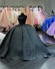 Shiny Tulle Corset Puffy Black Quinceanera Dresses With Pearls