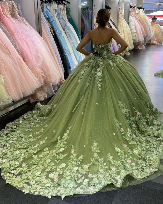 Spaghetti Floral Green Quince Dress With Pink Flowers