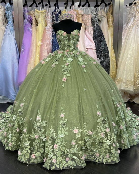 Spaghetti Floral Green Quince Dress With Pink Flowers