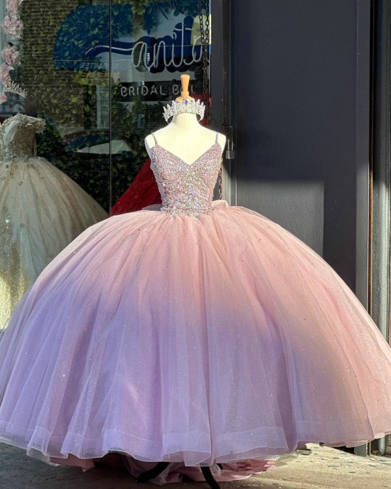 Spaghetti Straples Light Pink Quinceanera Dresses With Beaded Bodice