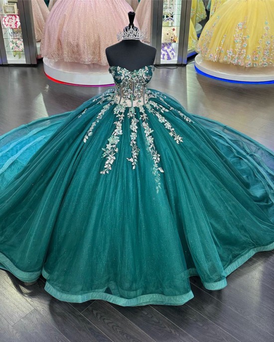 Strapless Jade Green Quinceanera Dresses With Illusion Corset Bodice