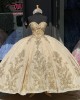 Strapless Metallic Lace Quinceanera Dama Dresses Champagne