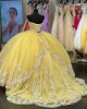 Strapless Pastel Yellow Quinceanera Dress With Blue Flowers